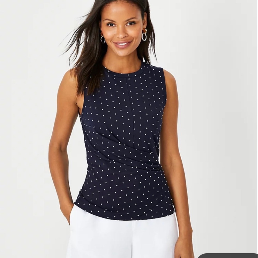 NWT Ann Taylor Dotted Asymmetrical Navy Shell Size XS - Picture 2 of 4
